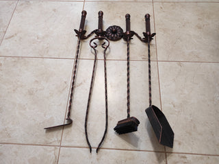 Hand Forged Fireplace Tools Set: Poker, Tongs, Shovel, Broom