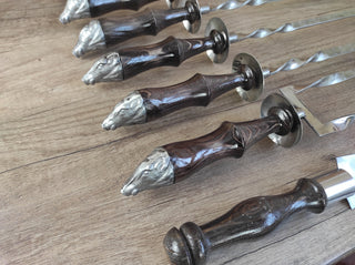 Hand Forged Grill Skewer Set: Stainless Steel with Boar Head Handle