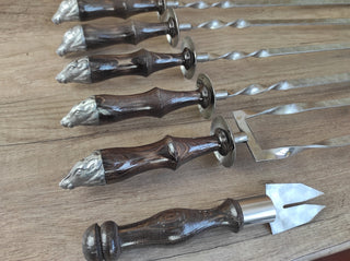 Hand Forged Grill Skewer Set: Stainless Steel with Boar Head Handle