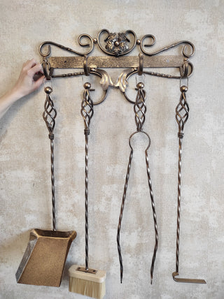 Hand Forged Fireplace Tool Set: Poker, Tongs, Shovel, Broom & Wall Stand