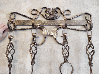 Hand Forged Fireplace Tool Set: Poker, Tongs, Shovel, Broom & Wall Stand