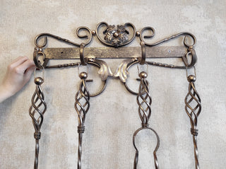 Hand Forged Fireplace Tool Set: Poker, Tongs, Shovel, Broom & Wall Stand