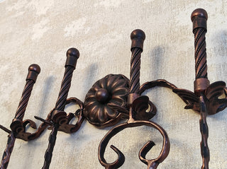 Hand Forged Fireplace Tool Set: Poker, Tongs, Shovel, Broom & Wall Stand