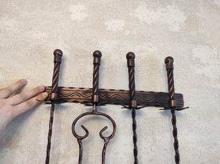 Hand Forged Fireplace Tool Set: Poker, Tongs, Shovel, Broom & Wall Stand