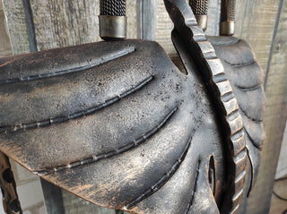 Fireplace tools. Set from forged fire poker, fire tongs, fire shovel, fire broom on dragon wings