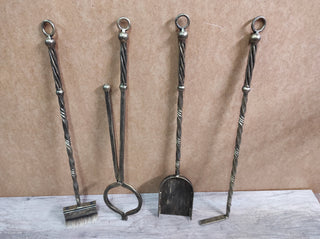 Hand Forged Fireplace Tools Set: Iron Fire Poker, Tongs, Shovel & Broom