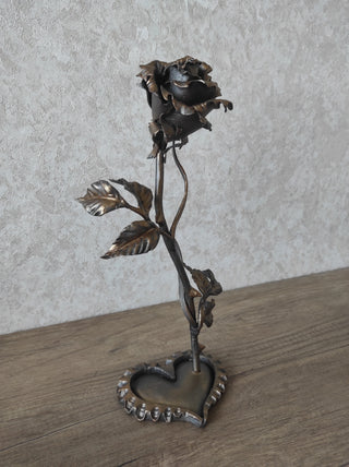 Forged Iron Rose on Heart Stand: Romantic Metal Flower Decor