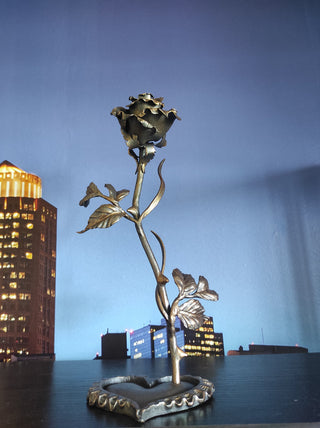 Forged Iron Rose on Heart Stand: Romantic Metal Flower Decor