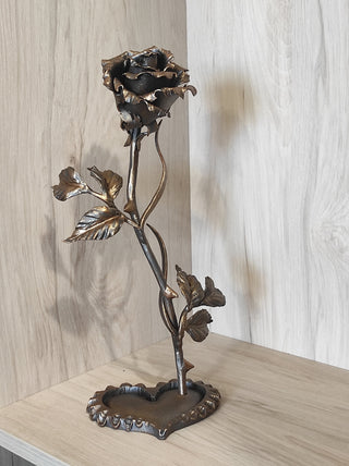 Forged Iron Rose on Heart Stand: Romantic Metal Flower Decor