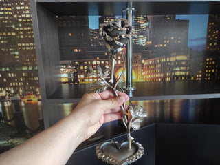 Forged Iron Rose on Heart Stand: Romantic Metal Flower Decor