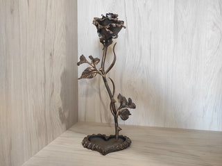 Forged Iron Rose on Heart Stand: Romantic Metal Flower Decor