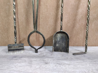 Hand Forged Fireplace Tools Set: Iron Fire Poker, Tongs, Shovel & Broom