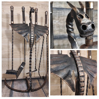 Fireplace tools. Set from forged fire poker, fire tongs, fire shovel, fire broom on dragon wings