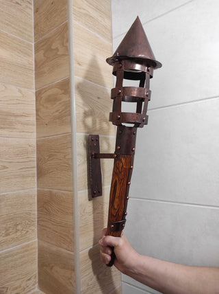 Hand Forged Medieval Torch Wall Sconce: Wood & Steel Light