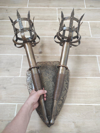 Wrought Iron Double Torch Wall Sconce: Medieval Viking Lantern
