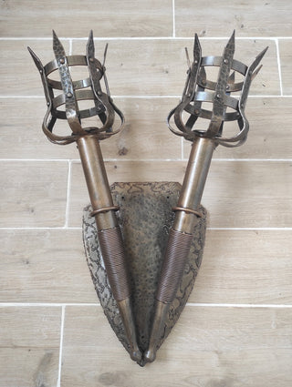 Wrought Iron Double Torch Wall Sconce: Medieval Viking Lantern