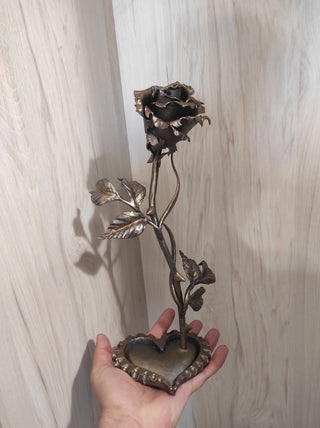 Forged Iron Rose on Heart Stand: Romantic Metal Flower Decor