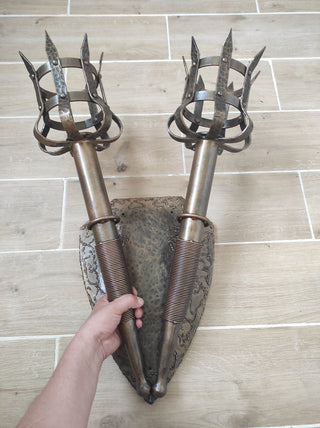 Wrought Iron Double Torch Wall Sconce: Medieval Viking Lantern