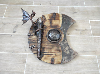 Sconces wall decor, dragon shield, castle light, metal wall lamp, dragon lamp, wooden candle holder, wooden fixtures