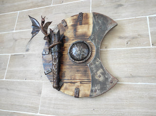 Sconces wall decor, dragon shield, castle light, metal wall lamp, dragon lamp, wooden candle holder, wooden fixtures