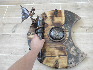 Sconces wall decor, dragon shield, castle light, metal wall lamp, dragon lamp, wooden candle holder, wooden fixtures