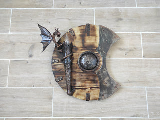 Sconces wall decor, dragon shield, castle light, metal wall lamp, dragon lamp, wooden candle holder, wooden fixtures