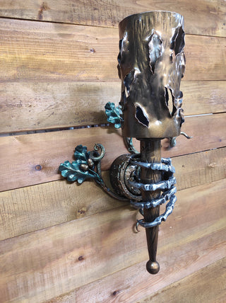 Hand Forged Wrought Iron Wall Sconce: Medieval Viking Torch Lantern