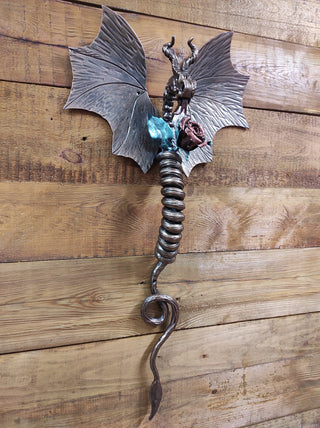 Dragon door handle, door handle, metal handle, hand forged handle, barn door handle, door decor, wrought hardware, metal forged handle