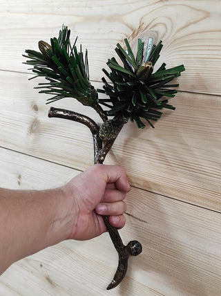 Hand Forged Pine Branch Door Handle: Rustic Metal Barn Door Pull