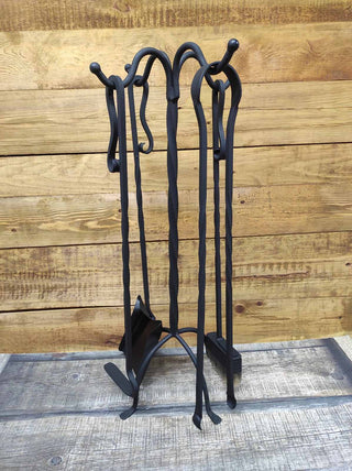 Hand Forged Fireplace Tools Set: Poker, Tongs, Shovel & Broom