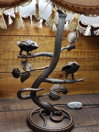 Handmade Forged Bird Table Lamp with Shade
