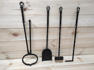 Hand Forged Fireplace Tools Set: Iron Fire Poker, Tongs, Shovel & Broom