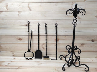 Hand Forged Fireplace Tools Set: Iron Fire Poker, Tongs, Shovel & Broom