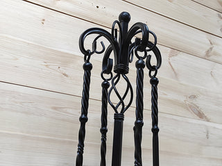 Hand Forged Fireplace Tools Set: Iron Fire Poker, Tongs, Shovel & Broom