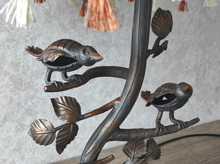 Handmade Forged Bird Table Lamp with Floral Shade