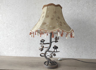 Handmade Forged Bird Table Lamp with Floral Shade