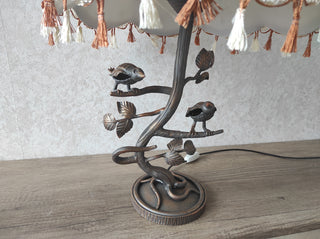 Handmade Forged Bird Table Lamp with Floral Shade