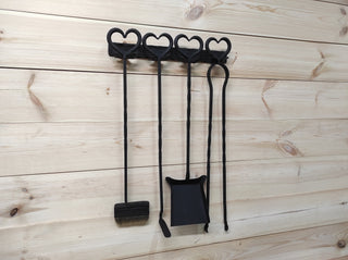 Hand Forged Fireplace Tool Set: Poker, Tongs, Shovel, Broom & Rack