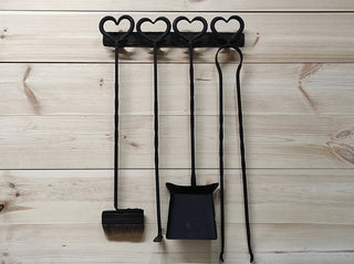 Hand Forged Fireplace Tool Set: Poker, Tongs, Shovel, Broom & Rack