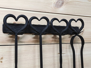 Hand Forged Fireplace Tool Set: Poker, Tongs, Shovel, Broom & Rack