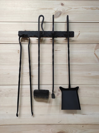 Hand Forged Fireplace Tools Set: Poker, Tongs, Shovel, Broom & Wall Rack