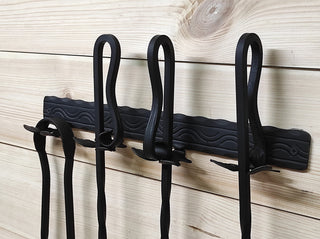 Hand Forged Fireplace Tools Set: Poker, Tongs, Shovel, Broom & Wall Rack