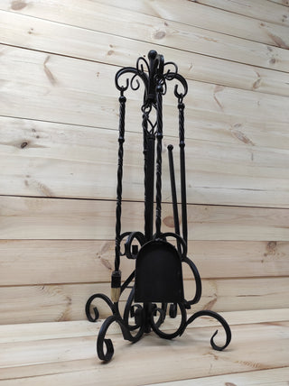 Hand Forged Fireplace Tools Set: Iron Fire Poker, Tongs, Shovel & Broom