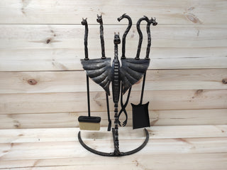 Hand Forged Dragon Fireplace Tool Set: 4 Piece Fire Poker, Tongs, Shovel & Broom