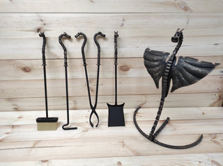 Hand Forged Dragon Fireplace Tool Set: 4 Piece Fire Poker, Tongs, Shovel & Broom