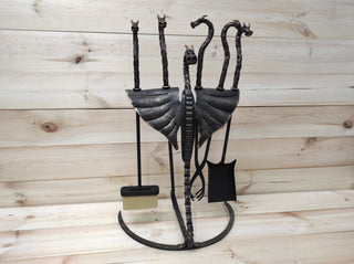 Hand Forged Dragon Fireplace Tool Set: 4 Piece Fire Poker, Tongs, Shovel & Broom