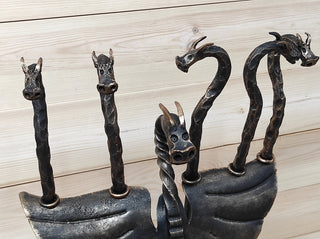 Hand Forged Dragon Fireplace Tool Set: 4 Piece Fire Poker, Tongs, Shovel & Broom