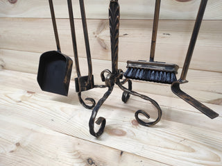 Hand Forged Fireplace Tools Set: Iron Fire Poker, Tongs, Shovel & Broom