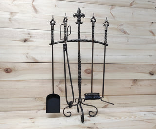 Hand Forged Fireplace Tools Set: Iron Fire Poker, Tongs, Shovel & Broom