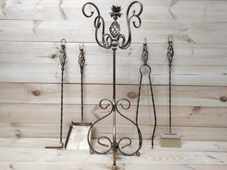 Hand Forged Fireplace Tools Set: Poker, Tongs, Shovel, Broom